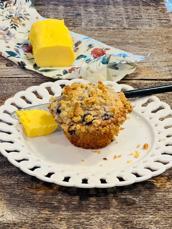 blueberry muffin and raw butter